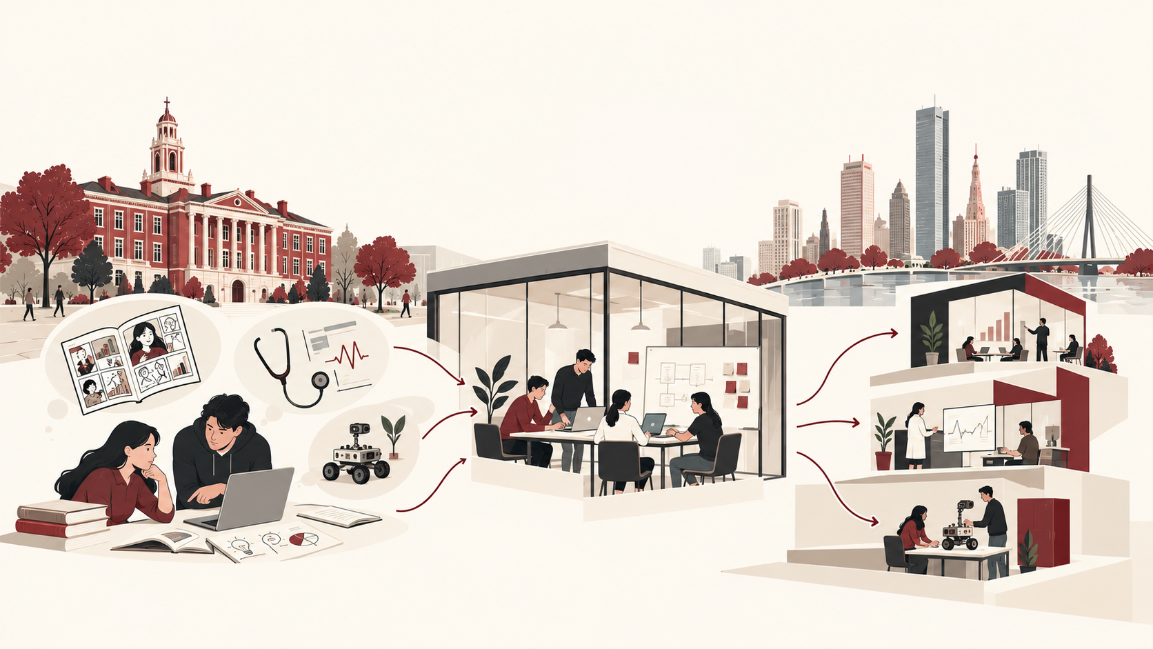 Editorial illustration showing student ideas moving through university mentorship, funding, and prototype testing toward early-stage startup ventures.